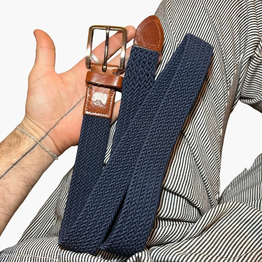 Tommy‎ Bahama Mens S/M Belt Braided Elastic Leather Trim Silver Buckle Navy Blue